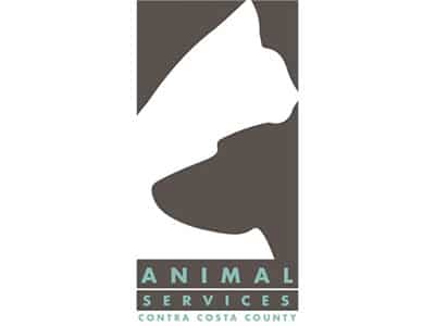 Logo for Animal Services of Contra Costa County featuring silhouettes of a cat and dog in white against a dark background. The text "ANIMAL SERVICES" and "CONTRA COSTA COUNTY" is displayed in a teal font.