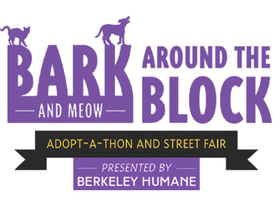 A purple event poster for Berkeley Humane’s Bark Around the Block with dog silhouettes above the words, and banners reading Adopt-a-Thon and Street Fair and Presented by Berkeley Humane.