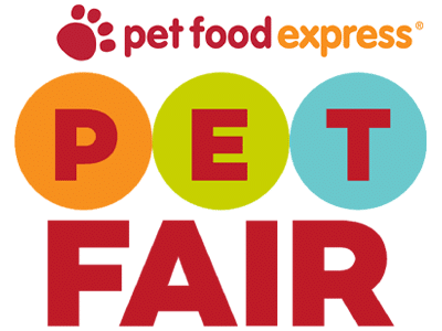 A Pet Food Express Pet Fair logo with the words Pet, E, and T inside three colored circles above large red FAIR text on a white background.