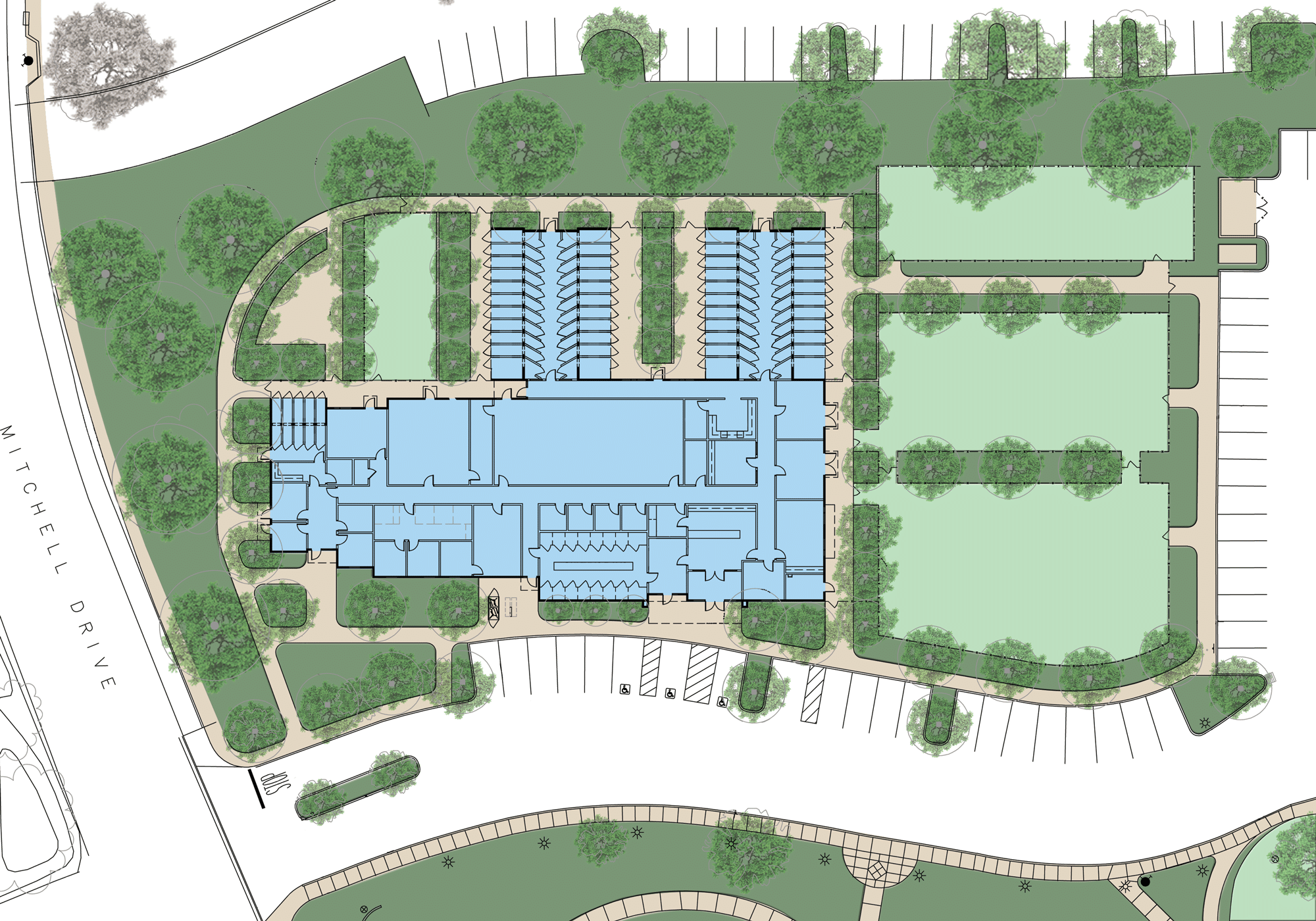 A site plan of The Liberty Center Layout 1 shows a central blue building footprint surrounded by trees, lawns, parking spaces, and curved driveways.