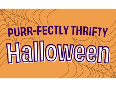 Orange Halloween graphic with spiderweb line art and the text “Purr-Fectly Thrifty Halloween.”